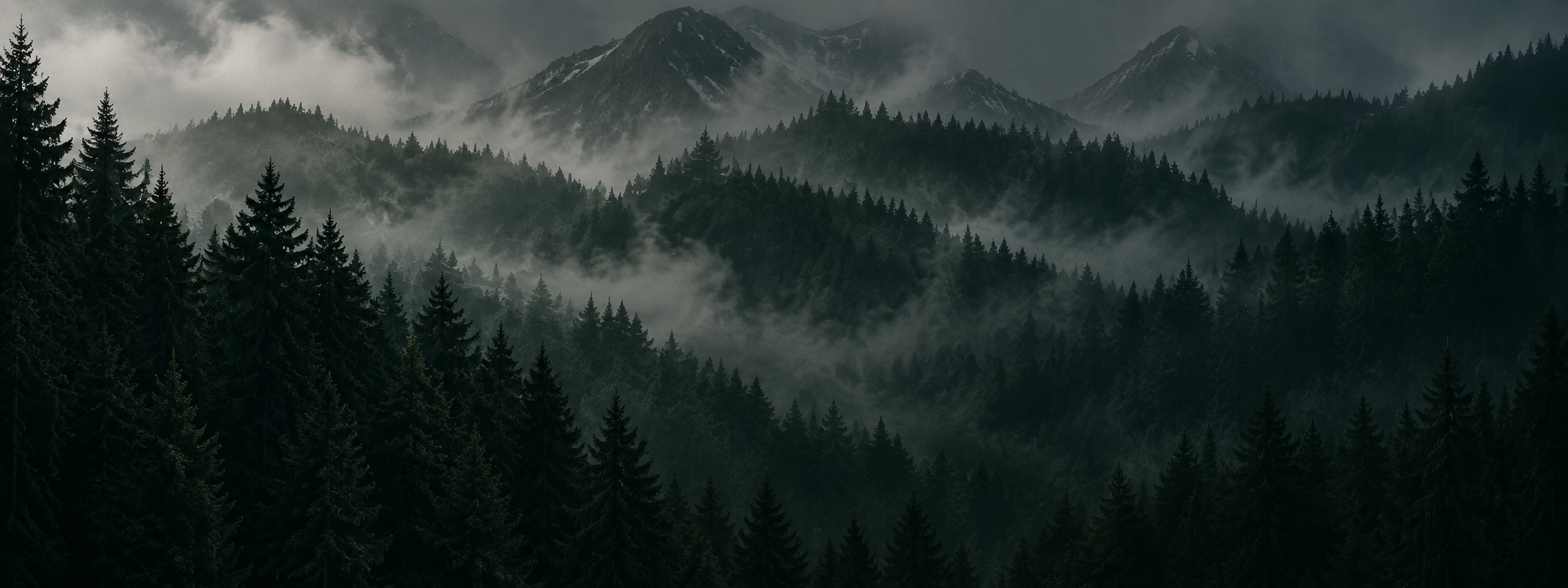 Alpine forest trees and misty mountains in Kinnaur