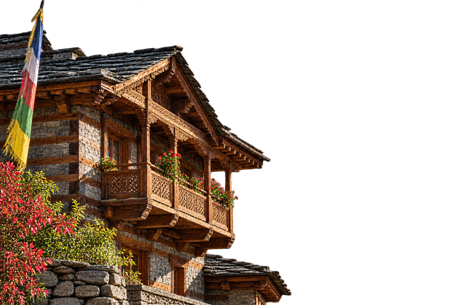 Traditional Kinnaur Wood and Stone Chalet with Slate Roof