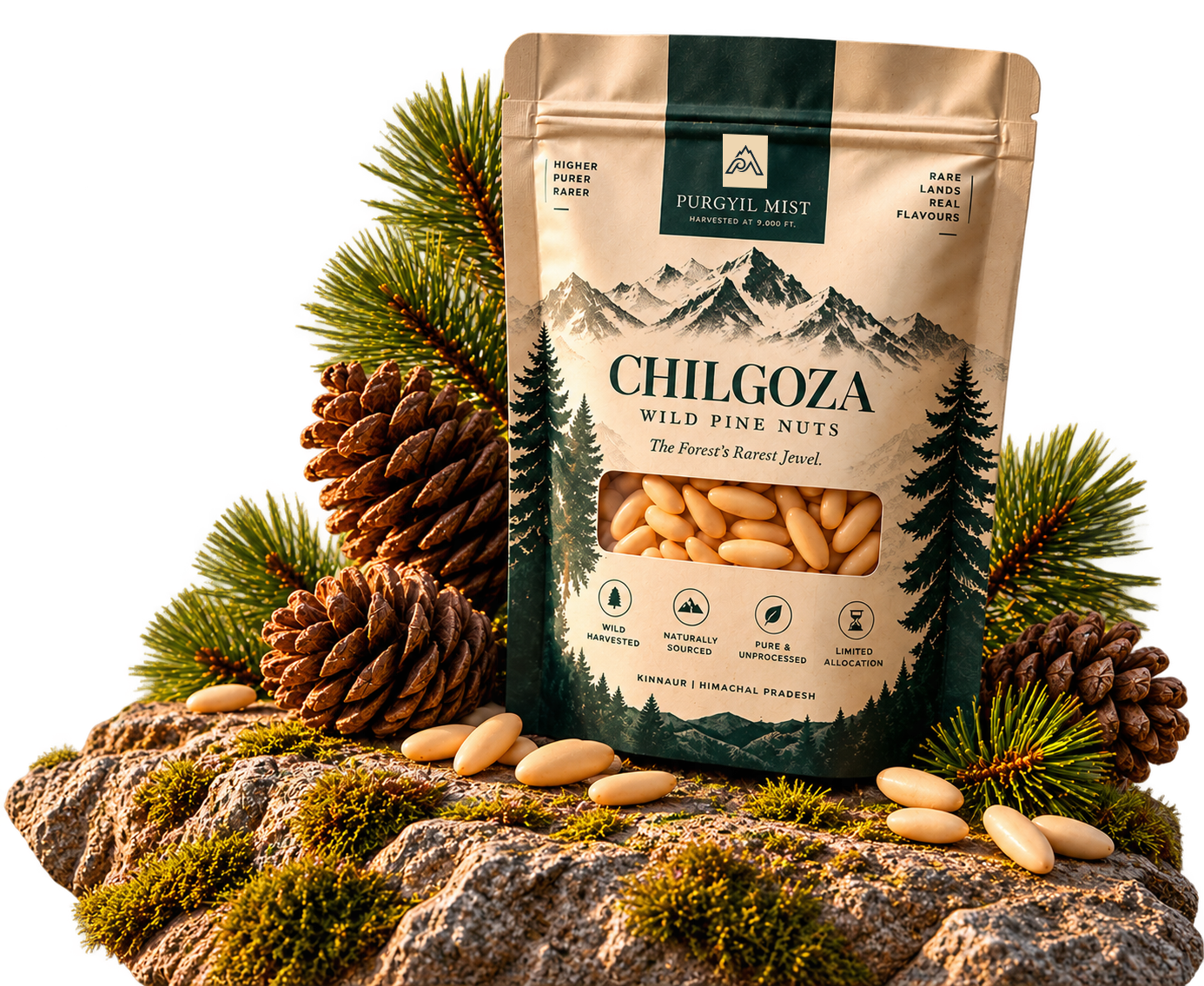 Purgyil Mist Chilgoza Wild Pine Nuts on Himalayan rocks with cones